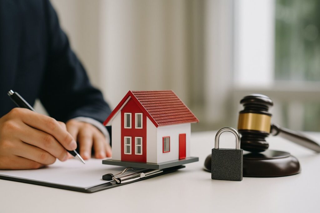 Amministratore di condominio che compila documenti accanto a modellino di casa, lucchetto e martello del giudice: simbolo della privacy condominiale