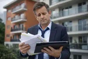 amministratore di condominio senza corso in difficoltà con documenti davanti a condominio