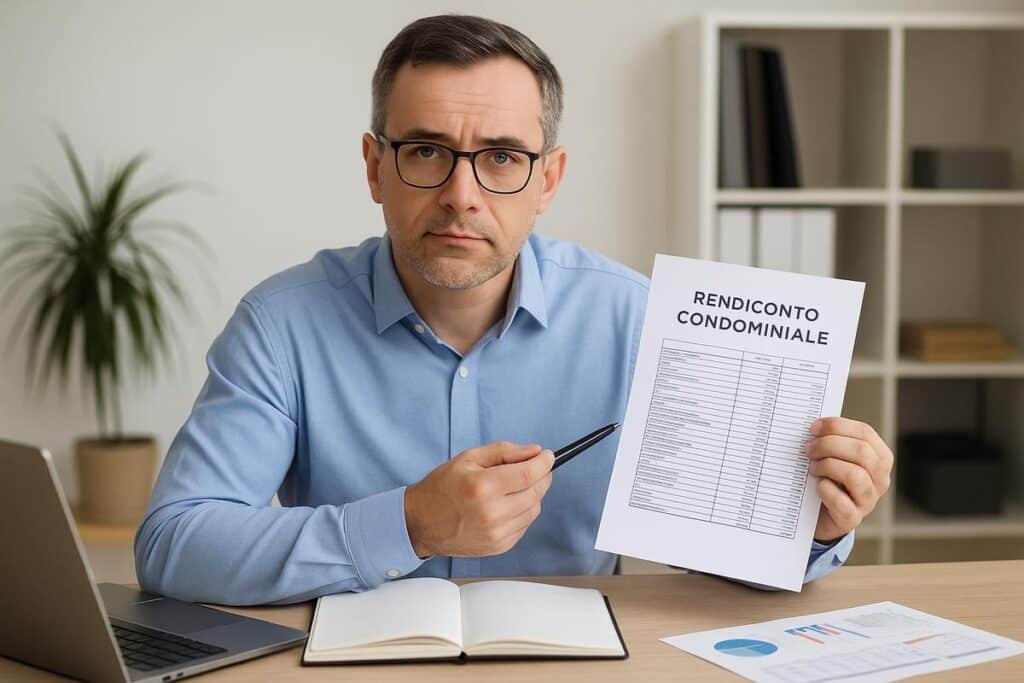 Amministratore di condominio mostra un rendiconto con tabelle e dati in ufficio.